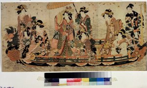 Csodálja meg a cseresznyevirágokat (Hanami) (Cherry Blossom Viewing, Hanami). Kitagawa Utamaro II (?-1831) nyomata. Színes rézkarc, 37 x 76 cm. Keleti művészet. Puskin Múzeum, Moszkva