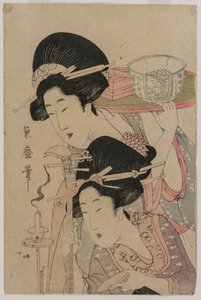 Két gésa egy gyertya mellett, 1800-as évek közepén. alkotó: Kitagawa Kikumaro