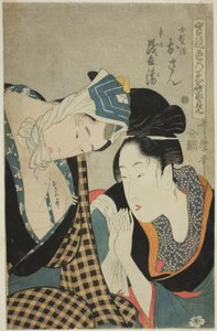 Az ügyesség próbája - a szerelem forrásvidéke (Jitsu kurabe iro no minakami): Osan és Mohei (színes fametszet; oban) alkotó: Kitagawa Utamaro