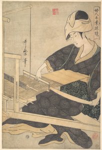 Egy szövőasszony, aki kézi szövőszéken ülve sző alkotó: Kitagawa Utamaro