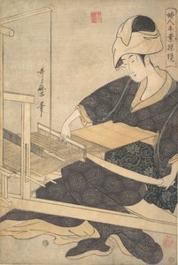 Egy nő szövő, kézi szövőszéknél ülve, kb. 1796. alkotó: Kitagawa Utamaro