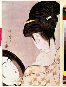 Egy nő, aki megerősíti a nyakát Utamaro Kitagawa (1753-1806) japán nyomatával - V 0,37x0,22 m - 1795-1796 - Párizs, Musee Guimet, Musee national des Arts Asians alkotó: Kitagawa Utamaro