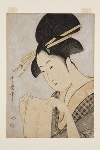 Szépség kéztörlővel (színes fatömb nyomat) alkotó: Kitagawa Utamaro