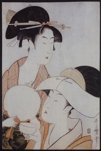 Két nő mellképe, az egyik legyezőt, a másik fejfedővel egy teáscsészét tart alkotó: Kitagawa Utamaro