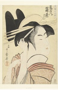 Shinowara kurtizán mellképe a Tsuruya házból. Tsuruya uchi Shinowara (cím a tárgyon) A hét Komachi az örömházakból (sorozat címe) Seiro nana Komachi (sorozat címe az objektumon) alkotó: Kitagawa Utamaro