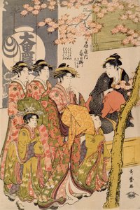 Cseresznyefák alatt sétáló udvarhölgyek a Daiko előtt, 1789 körül (oban tate-e fatömbnyomat, színes papíron) (203664 részlet) alkotó: Kitagawa Utamaro