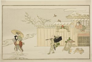 Újévi ajándékok kézbesítése a hóban, a "The Young God Ebisu (Waka Ebisu)" című kyoka antológiából. alkotó: Kitagawa Utamaro