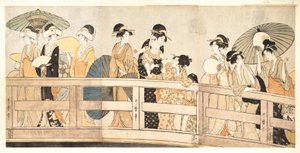 A hűvös esti szellő élvezete a hídon és a híd alatt alkotó: Kitagawa Utamaro