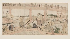 Horgászcsónakok hálóval a Rygoku híd alatt (színes fatömbnyomat) alkotó: Kitagawa Utamaro