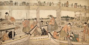 Halászhajók hálókkal a Ryogoku-híd alatt, 1790-es évek. alkotó: Kitagawa Utamaro
