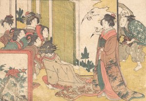 Lányok előadók által szórakoztatva, a Flowers of the Four Seasons, 1801 című illusztrált könyvből. alkotó: Kitagawa Utamaro