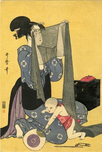 Hari-shigoto Kézimunka. Triptichon, bal rész, 1795. alkotó: Kitagawa Utamaro