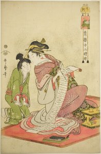 Hour of the Dog (Inu no koku), from the series "Twelve Hours in Yoshiwara (Seiro juni toki tsuzuki)" alkotó: Kitagawa Utamaro