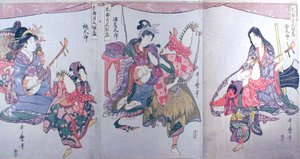 Kintaro, Urashimataro és Momotaro, a "Három szaké csésze készlet az első hónapra (Tarozuki mitsugumi sakazuki)" című triptichonból. alkotó: Kitagawa Utamaro