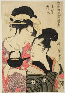 Komurasaki és Gonpachi, a "Divatos minták Utamaro stílusban (Ryuko moyo Utamaro-gata)" sorozatból, 1798-99 körül (színes fametszet; oban) alkotó: Kitagawa Utamaro