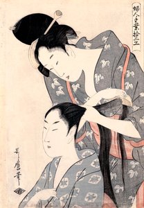 ""La Coiffeuse"" (fodrász) (Kamiyui) Kitagawa Utamaro (1753-1806) mélynyomat - c 1798 - Színes fametszet - 38x27,6 - Dél-Ausztráliai Művészeti Galéria alkotó: Kitagawa Utamaro