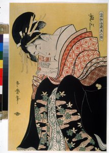 A gyönyörű Takigawa az Ogi Teaházból. A kortárs gyönyörű hírességek sorozatban (napjaink híres szépsége). Kitagawa Utamaro (1754-1806) rajza. Erős víz alkotó: Kitagawa Utamaro
