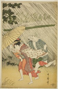 Szerelmesek esernyő alatt, 1797 körül (színes fatömbnyomat; oban) alkotó: Kitagawa Utamaro