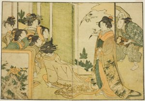 Újévi manzai előadás egy feudális úr kúriájában, a Képeskönyv című képes könyvből: A négy évszak virágai (Ehon shiki no hana)", 1. kötet. alkotó: Kitagawa Utamaro