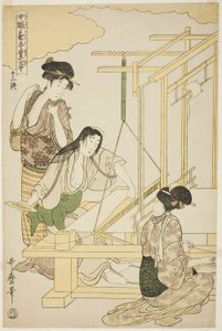 12. szám (júni), a "Nők a sericulture iparban (Joshoku kaiko tewaza-gusa)" című sorozatból alkotó: Kitagawa Utamaro