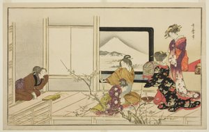Ételkészítés a fülemüle számára, a "Férfiak taposó tánca (Otoko toka)" című, illusztrált kyoka-antológiából. alkotó: Kitagawa Utamaro