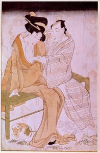 Egy padon egymást simogató japán pár ábrázolása. Utamaro Kitagawa (1753-1806) nyomatai. Homályos. 0,38x0,245 m. Párizs, Guimet Múzeum, Ázsiai Művészeti Múzeum