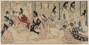 Jelenet a The Treasury of Loyal Retainers (Chushingura) című darabból adaptálva alkotó: Kitagawa Utamaro