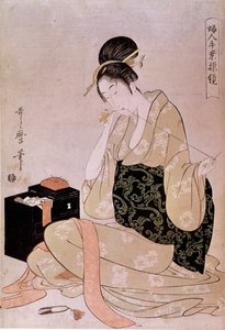 Varrás, női kézi munka sorozat: coutiriere vágócérna fogakkal Utamaro Kitagawa (1753-1806) japán lenyomata. Homályos. 0,37x0,26 m. 18. század. Párizs, Guimet Múzeum, Ázsiai Művészeti Nemzeti Múzeum alkotó: Kitagawa Utamaro