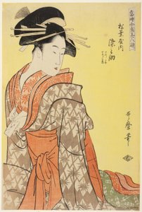 A Matsubaya Somenosuke, [akinek kísérői] Wakagi, Wakaba (Matsubaya uchi Somenosuke, Wakagi, Wakaba), a „Jelenkor legfelsőbb szépségeinek tömbje” („Toji zensei bijin-zoroe”) sorozatból alkotó: Kitagawa Utamaro