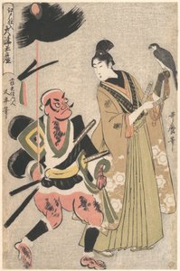 Ōtsuból származó, Edóban raktározott ajándékképek (Edo shi-ire Ōtsu miyage) Lándzsás gyalogos és sólyomidomár (Yari mochi yakko to taka shō) alkotó: Kitagawa Utamaro