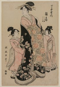 A chojiyai Hinazuru udvarhölgye kísérőivel, Tsurujival és Tsurunoval, c. 1794. alkotó: Kitagawa Utamaro