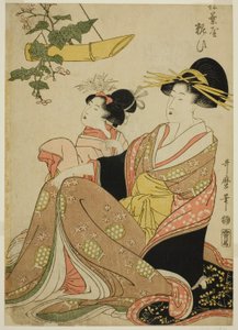 Yoso-oi udvarhölgye a fenyőtűházból Yoshiwarában és kísérője (Matsubaya Yoso-oi) alkotó: Kitagawa Utamaro