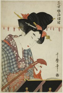 Tsurjin g Ah shamisen (shamisen csavaros mintája), a ``Changching és Shamisen, Youngg wo noodle f Toda y (Tokoro Ruri) című sorozatából. alkotó: Kitagawa Utamaro
