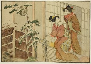Két nő a verandán egy havas reggelen, a "Képeskönyv: A négy évszak virágai (Ehon shiki no hana)" című illusztrált könyvből. 2 alkotó: Kitagawa Utamaro