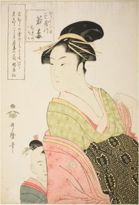 Wakaume a Tamaya-ból Edo-cho itchome-ban, valamint gyermekkísérői Mumeno és Iroka (Edo-cho itchome, Tamaya uchi Wakaume Mumeno Iroka) alkotó: Kitagawa Utamaro