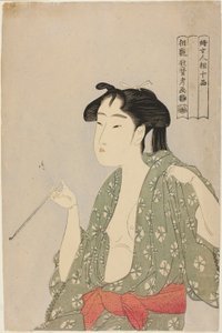 Füstöt kilélegző nő a "Női fiziognómia tíz osztálya (Fujo ninso juppon)" sorozatból alkotó: Kitagawa Utamaro