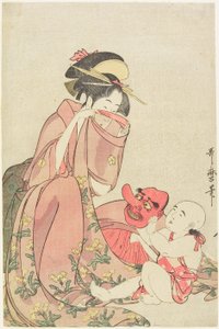 Nő, aki egy tengu-álarcot viselő gyermekkel játszik alkotó: Kitagawa Utamaro