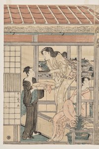 Nők akasztják a ruhaneműt szárításra az erkélyen alkotó: Kitagawa Utamaro