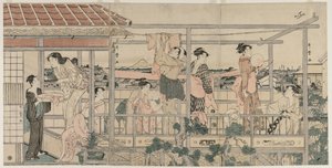 Nők, akik ruhát akasztottak szárításra az erkélyen, az 1790-es évek eleje. alkotó: Kitagawa Utamaro