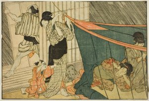 Nők a szúnyoghálóban vihar idején, a "Képeskönyv: A négy évszak virágai (Ehon shiki no hana)" című illusztrált könyvből. 1 alkotó: Kitagawa Utamaro
