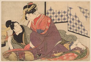 Fiatal férfi dohányzik egy kurtizánnal Jonge férfi udvarhölgykel találkozott Negai no itoguchi (sorozat címe) alkotó: Kitagawa Utamaro