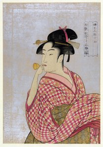Fiatal nő üvegpipát fúj (poppin), a Ten Types in the Physiognomic Study of Women par Utamaro sorozatból, Kitagawa (1753-1806), kb 1792 - Színes fametszet, 38,9x27,5 - Magángyűjtemény alkotó: Kitagawa Utamaro