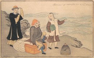 Három kínai férfi csoportja egy sziklán a tenger mellett, 1789.