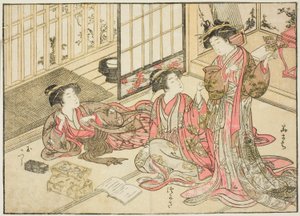 Kado Daikokuya udvarhölgyei, a "Gyönyörű nők tükre az örömnegyedben (Seiro bijin awase sugata kagami)" című könyvből. 2 alkotó: Kitao Shigemasa