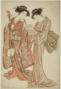 Két gésa kezében egy Shamisen és egy daloskönyv alkotó: Kitao Shigemasa