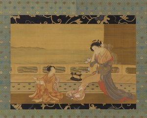 Két lány a tengerre néző erkélyen, Edo-korszak, 1739-1820.