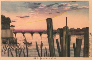 Hullámtörő oszlopok és Ryogoku híd alkotó: Kiyochika Kobayashi