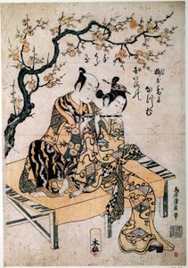Japán művészet: egy zenész fuvolalecont ad egy fiatal nőnek. Nyomtatás: Kiyohiro Torii (1737-1766) 18. századi Párizs, B.N. alkotó: Kiyohiro Torii