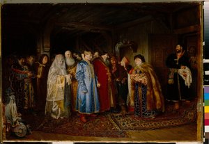 Bojár esküvő (bojár, bojár) a 16. században, a menyasszony kokochnikot (A bojár esküvője) visel - Olaj, vászon, Klavdi Vasziljevics Lebegyev (1852-1916)