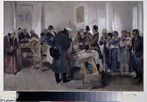 Jobbágyok aukciós eladása. Különféle tárgyak (szőnyeg, madárkalitka, festmények, könyvek és csecsebecsék) között egy parasztcsaládot állítanak ki eladásra. Nemesek és földbirtokosok körbevéve sétálnak és figyelnek